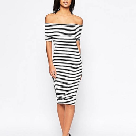 ASOS Bardot Off Shoulder Dress in Stripe with Short Sleeve - Picture 1 of 6